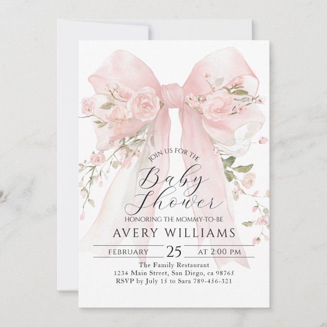 Invitación Floral Bow Elegant Flower Girl Baby Shower (Anverso)