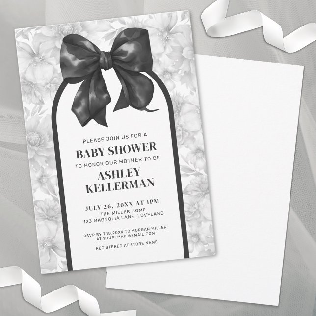 Invitación Floral Bow Elegante Baby Shower Blanco Negro (Floral Bow Elegant Black White Baby Shower Invitation)