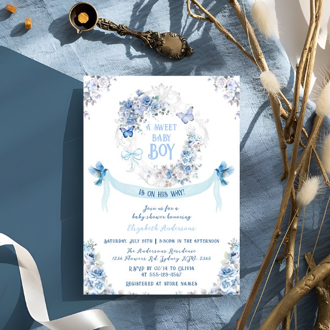 Invitación Floral Bow Escudo Sweet Baby Boy Baby Shower (Subido por el creador)