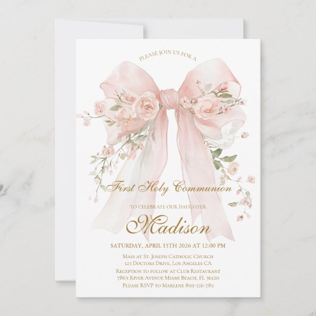 Invitación Floral Bow First Holy Communion Invitation (Anverso)