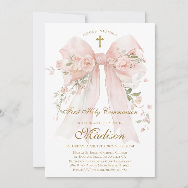 Invitación Floral Bow First Holy Communion Invitation (Anverso)