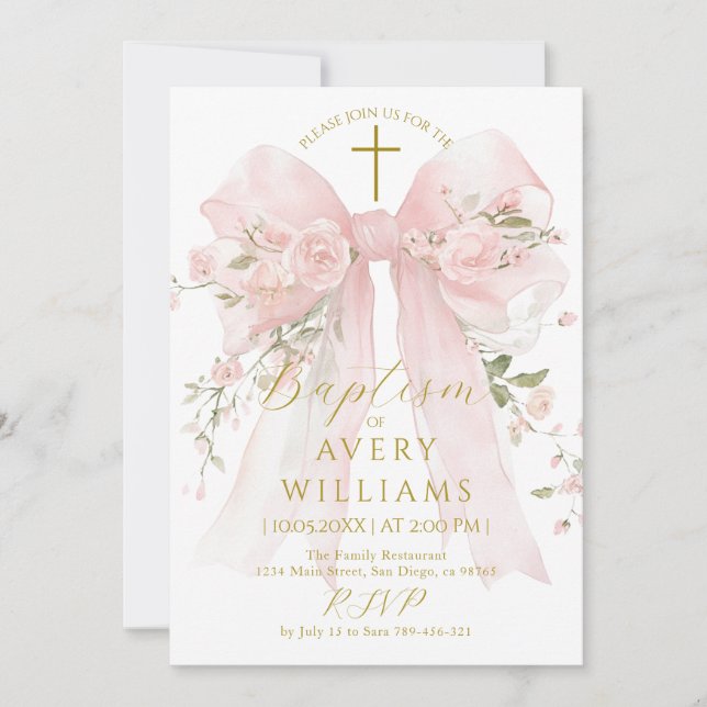 Invitación Floral Bow Girls Baptism Elegant Flower Digital (Anverso)