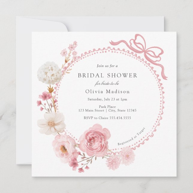 Invitación Floral Bow Pink Bridal Shower (Anverso)