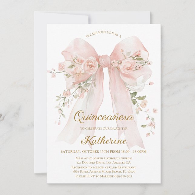 Invitación Floral Bow Quinceañera Invitation 15th Birthday (Anverso)