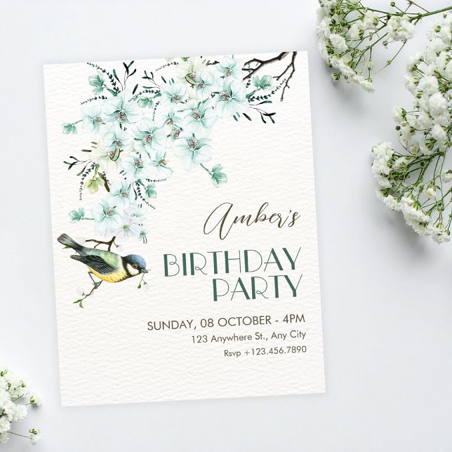 Invitación Floral branch bird spring birthday (Subido por el creador)