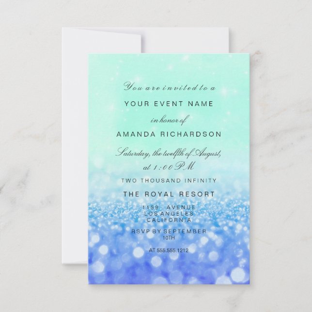 Invitación Floral Bridal Birthday Blu Purpurina On The Beach (Anverso)