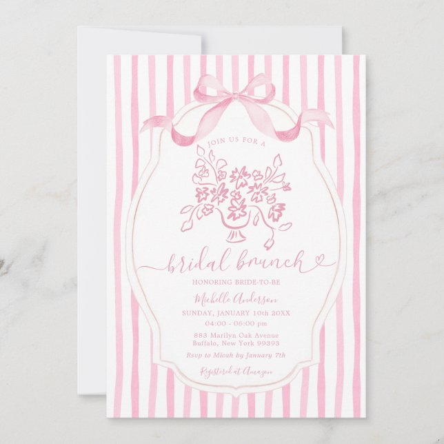 Invitación Floral Bridal Brunch Elegant Pink Stripe Bridal  (Anverso)