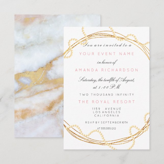 Invitación Floral Bridal Marble Birthday Gold White Pearls (Anverso / Reverso)