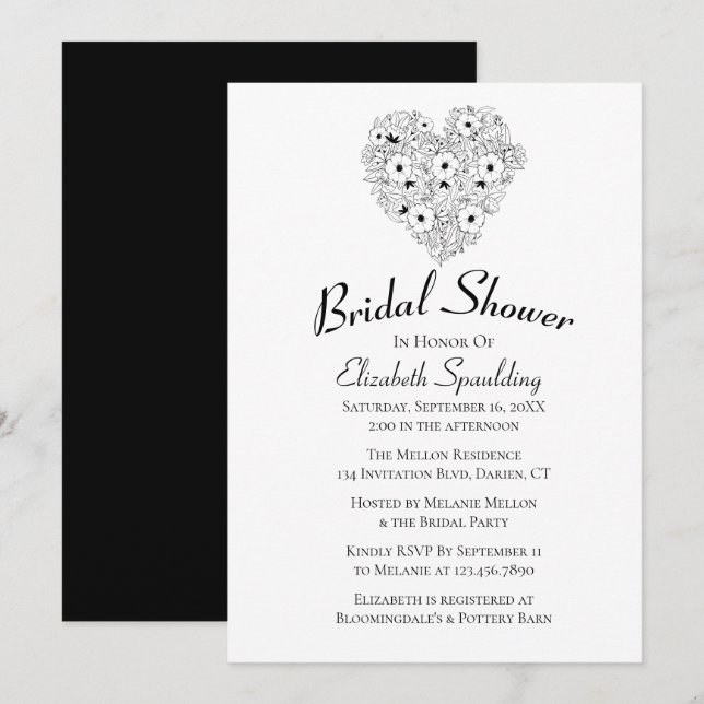 Invitación Floral Bridal Shower Anemones Flores Blancas Negra (Anverso / Reverso)