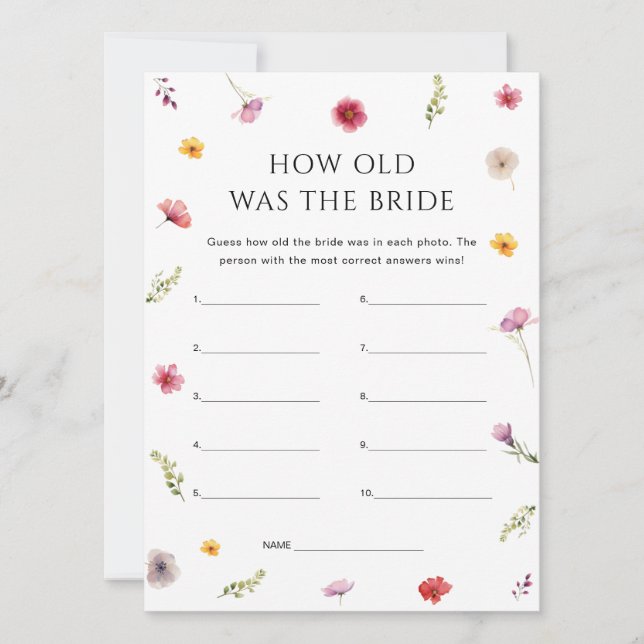 Invitación Floral Bridal Shower How Old Was the Bride Game (Anverso)