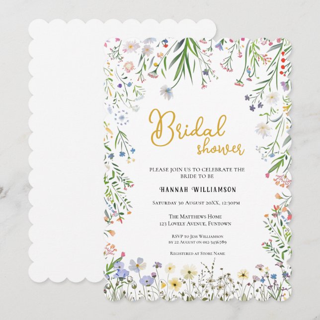 Invitación Floral Bridal Shower invitation, Garden Wildflower (Anverso / Reverso)