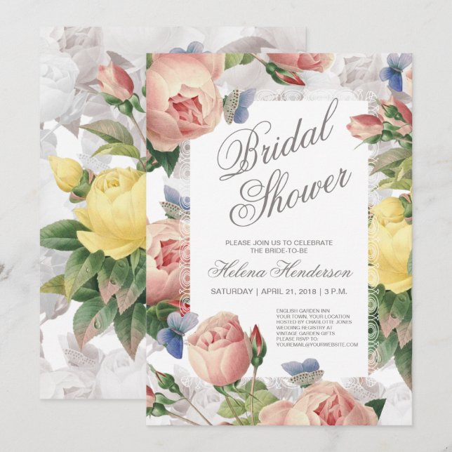 Invitación Floral Bridal Shower Rosas y encaje (Anverso / Reverso)