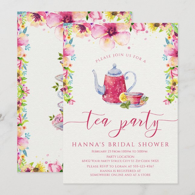 Invitación Floral Bridal Shower Tea Fiesta (Anverso / Reverso)