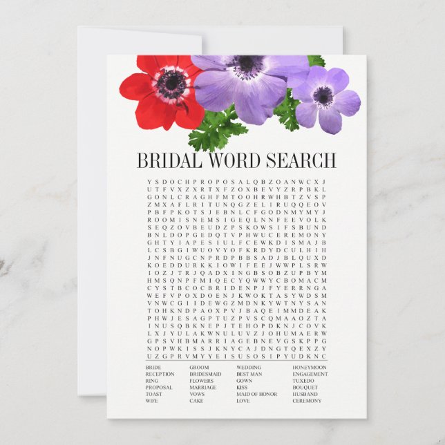Invitación Floral Bridal Shower Word Search Game Card (Anverso)