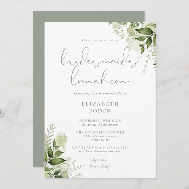 Invitación Floral Bridesmaids Luncheon Sage Green (Anverso / Reverso)