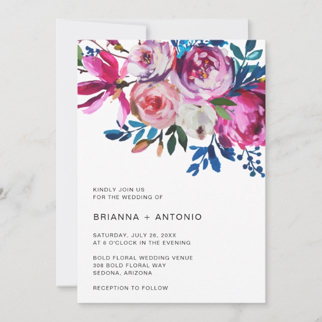 Invitación Floral brillante brillante moderna todo en un Boda (Anverso)