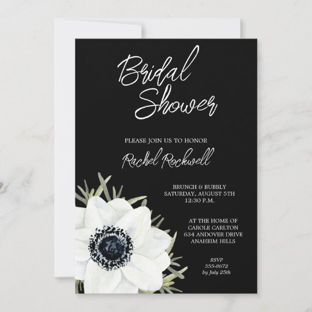 Invitación Floral Brillante de Anemones Blancos Negros (Anverso)