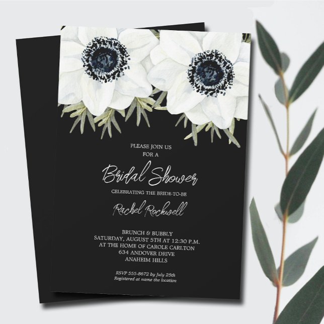 Invitación Floral Brillante de Anemones Blancos Negros (Black White Flowers Bridal Shower Invitations - INSTANT DOWNLOAD and/or PRINTED)