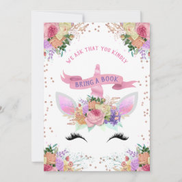 Invitación Floral brillante Unicornio trae un libro