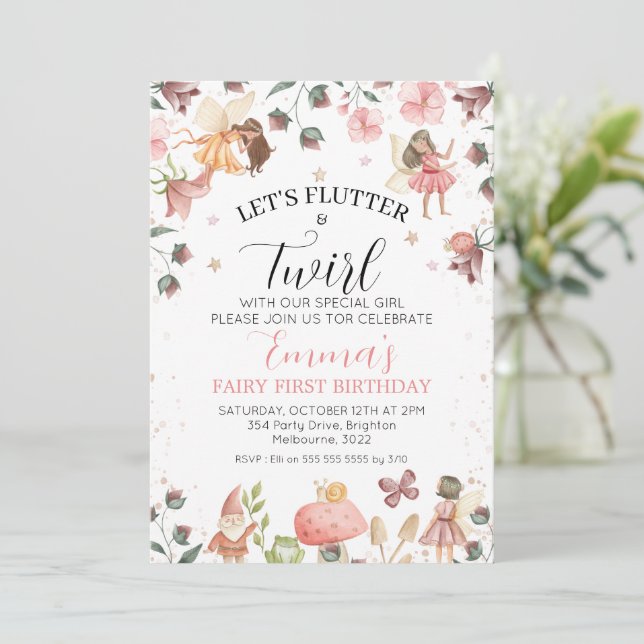 Invitación Floral Brown Fairies Flutter Twirl Primer cumpleañ (Anverso de pie)