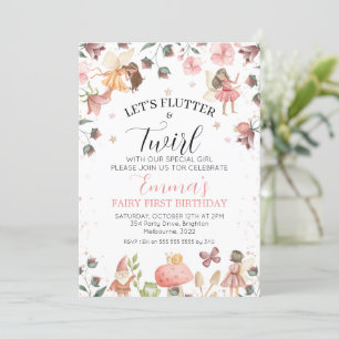 Invitación Floral Brown Fairies Flutter Twirl Primer cumpleañ