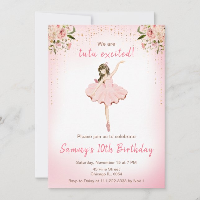 Invitación Floral Brunette Hair Ballerina Cumpleaños (Anverso)