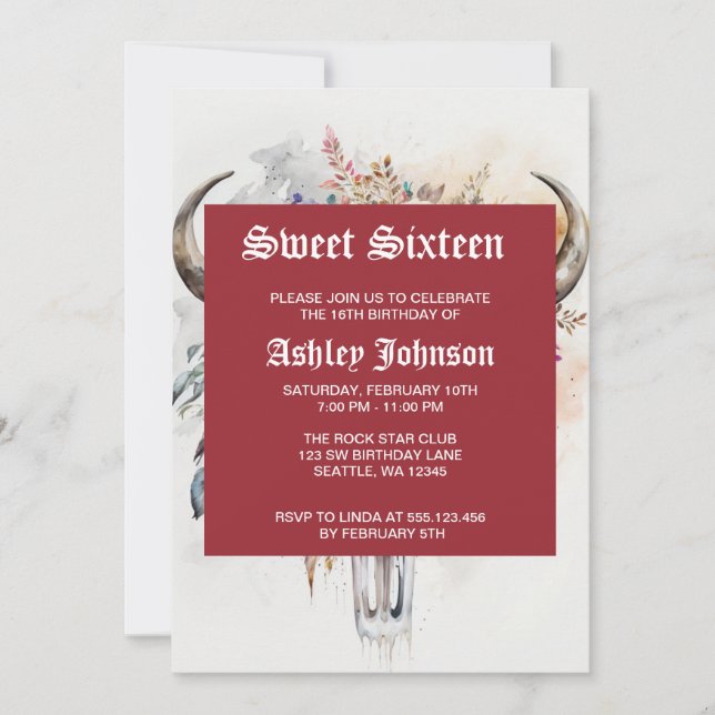 Invitación Floral Bull Skull Watercolor Art (Anverso)