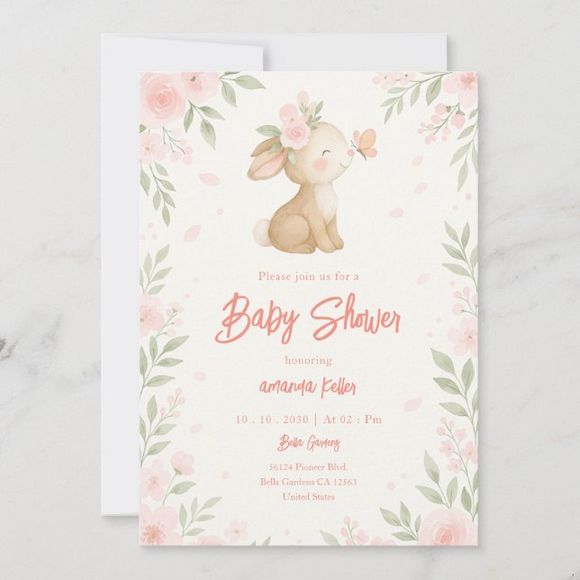 Invitación Floral Bunny Baby Shower (Anverso)