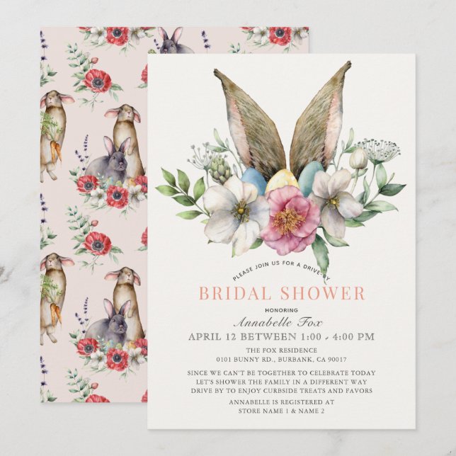 Invitación Floral Bunny Ear Drive-by Bridal Shower (Anverso / Reverso)
