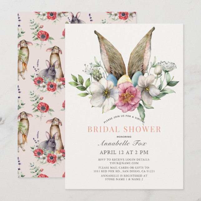 Invitación Floral Bunny Ear Virtual Bridal Shower (Anverso / Reverso)