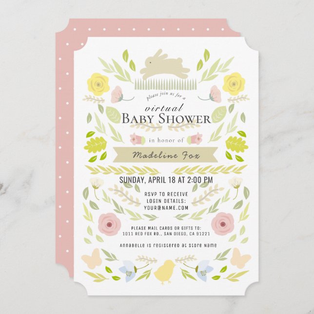 Invitación Floral Bunny Foliage Pink Virtual Baby Shower (Anverso / Reverso)