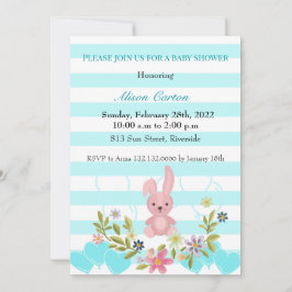 Invitación Floral Bunny franjas verde azuladas blancas y azul