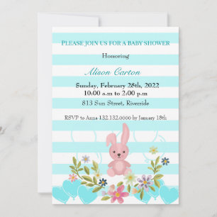 Invitación Floral Bunny franjas verde azuladas blancas y azul