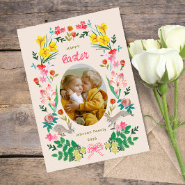 Invitación Floral Bunny Happy Easter Family Photo Card