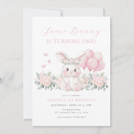 Invitación Floral Bunny Spring Girl Pink Bunny First Birthday