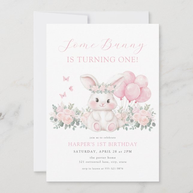 Invitación Floral Bunny Spring Girl Pink Bunny First Birthday (Anverso)