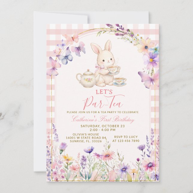 Invitación Floral Bunny Tea Party Birthday Pink Gingham (Anverso)