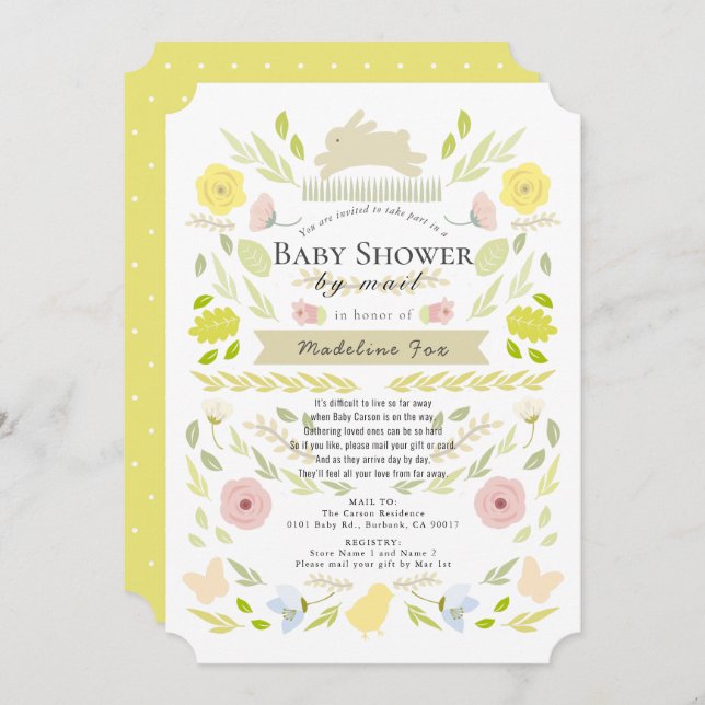 Invitación Floral Bunny Yellow Chica Baby Shower por correo (Anverso / Reverso)