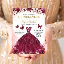 Invitación Floral Burgundy Butterfly Princess Quinceanera