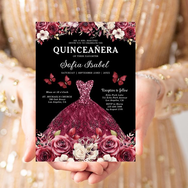 Invitación Floral Burgundy Butterfly Princess Quinceanera (Subido por el creador)