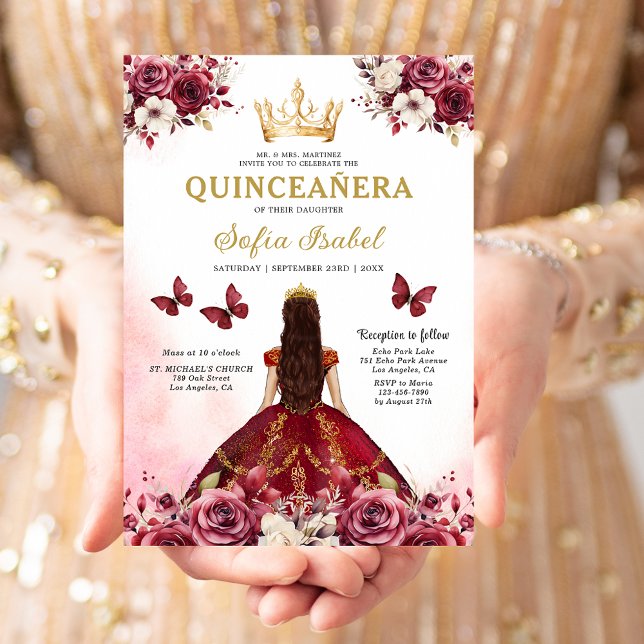 Invitación Floral Burgundy Butterfly Princess Quinceanera (Subido por el creador)