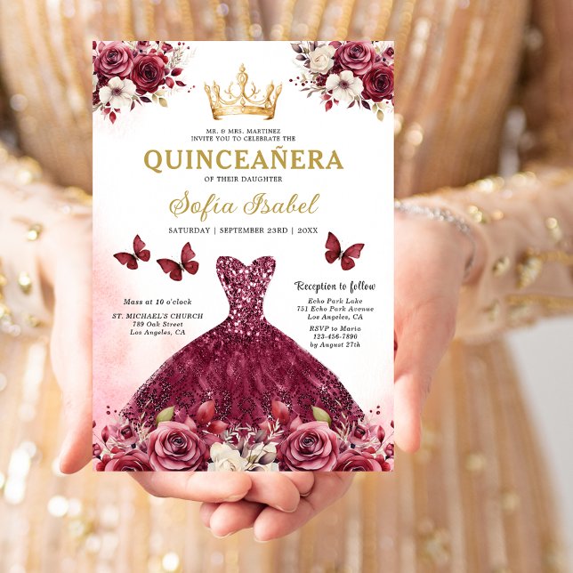 Invitación Floral Burgundy Butterfly Princess Quinceanera (Subido por el creador)