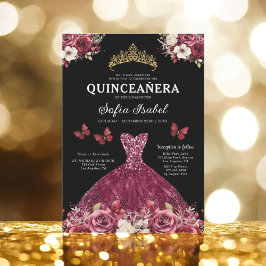 Invitación Floral Burgundy Butterfly Princess Quinceanera