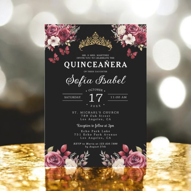 Invitación Floral Burgundy Butterfly Princess Quinceanera (Subido por el creador)