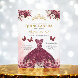 Invitación Floral Burgundy Butterfly Princess Quinceanera