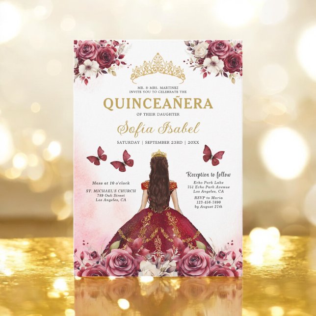 Invitación Floral Burgundy Butterfly Princess Quinceanera (Subido por el creador)