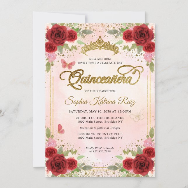 Invitación Floral Burgundy Crown Gold Crown Quinceañera (Anverso)