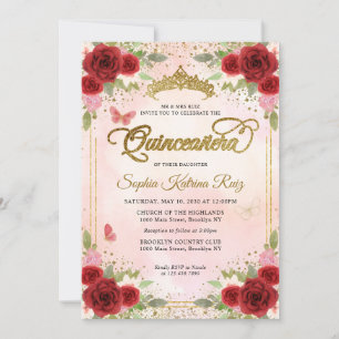 Invitación Floral Burgundy Crown Gold Crown Quinceañera