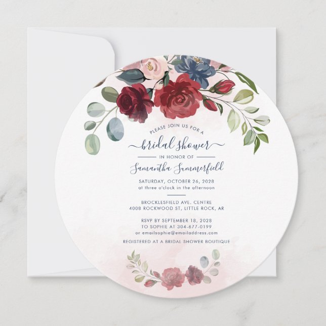 Invitación Floral Burgundy Eucalyptus Greenery Bridal Shower (Anverso)