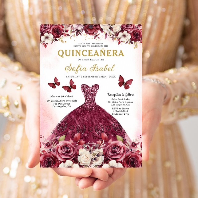 Invitación Floral Burgundy Gold Bilingüe Español Quinceanera (Subido por el creador)